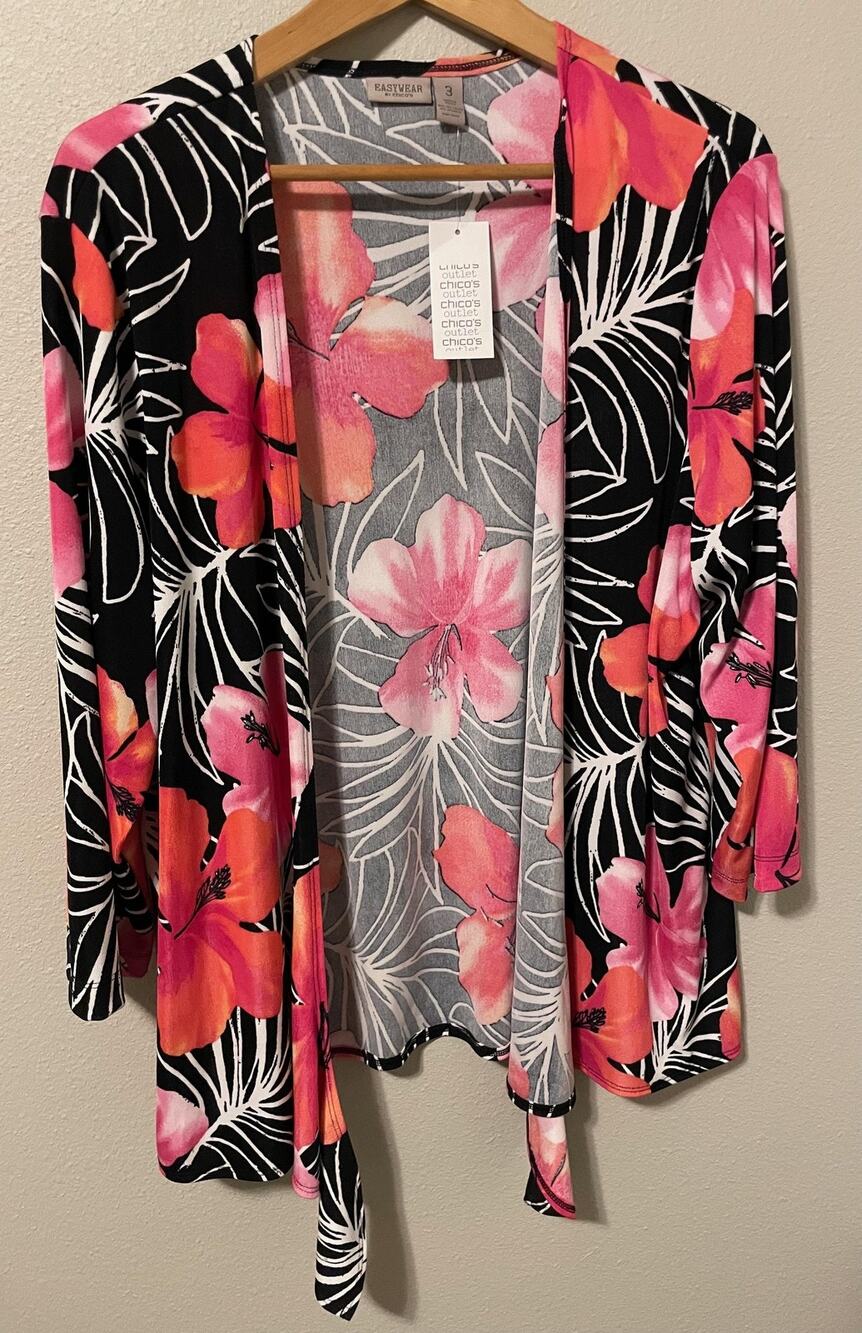 Chicos Kimono Jacket Womens 3 US XL Floral Burgeon Parlor Pink Tie Up Boho NEW